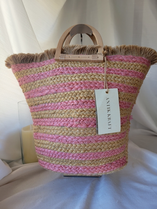 Antik Kraft Handbags - Antik Kraft Pink & Natural Stripe Straw Tote – NWT – Wooden Handles – Summer Chi